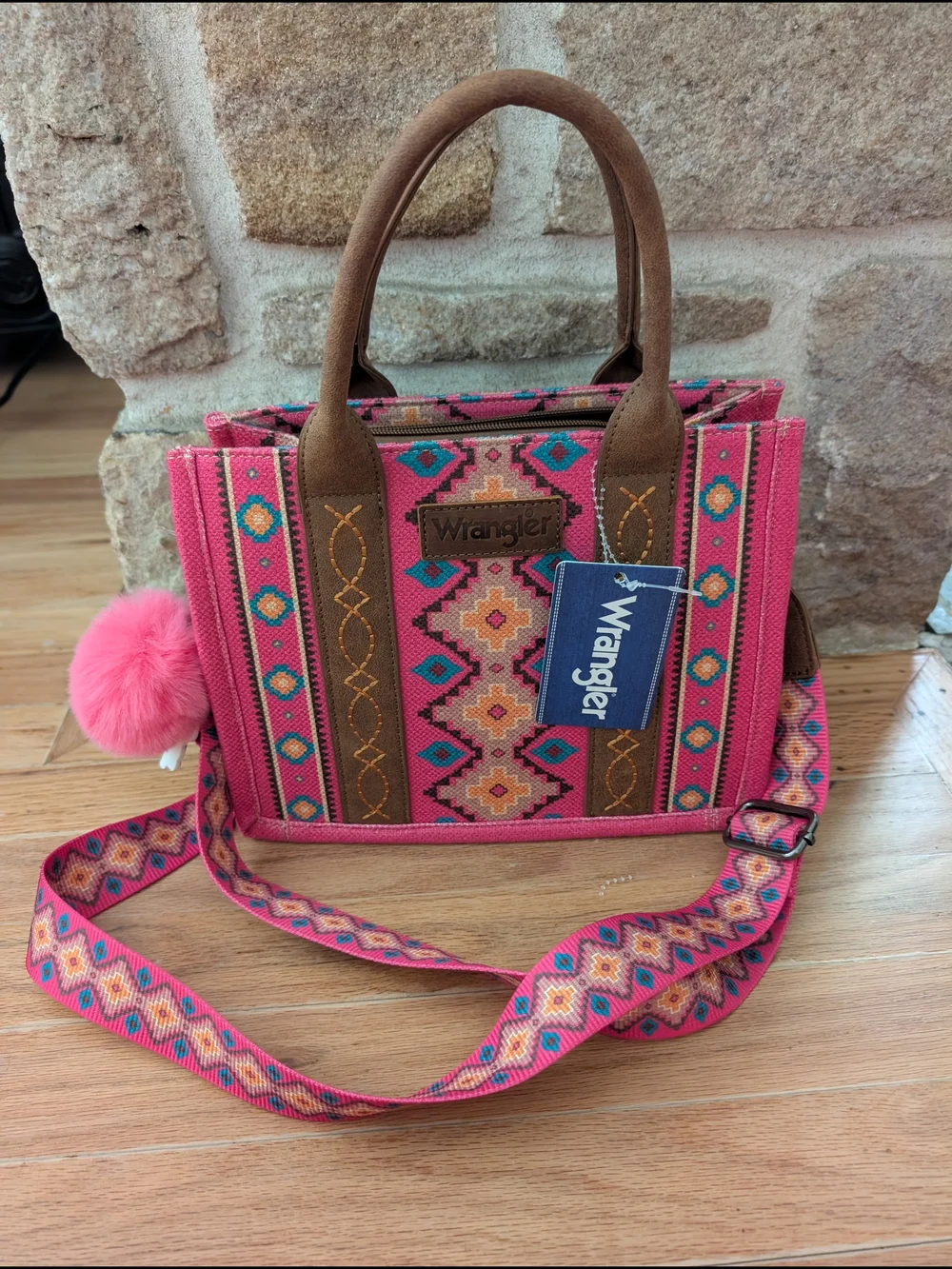 Wrangler Pink Western Boho Aztec-Pattern Tote Bag Strap And Keyring New